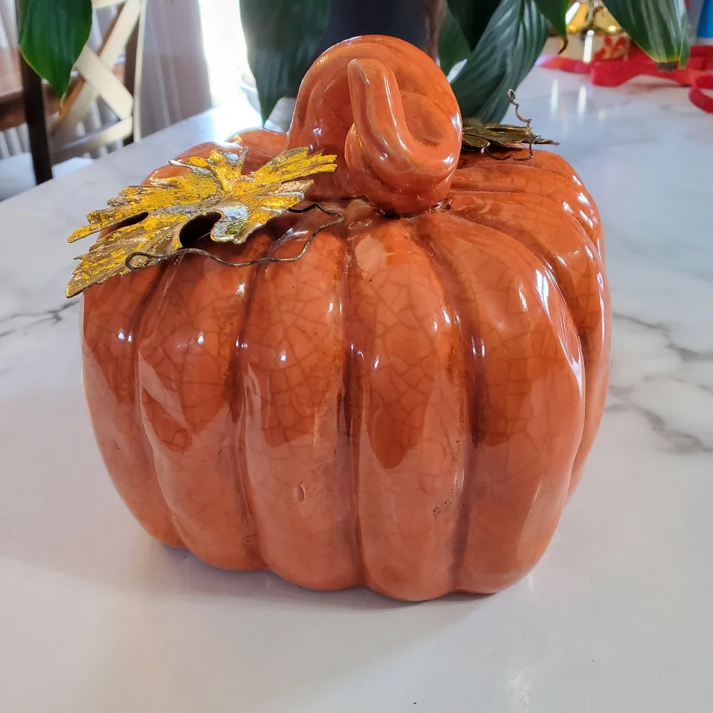 Ceramic Pumpkin with metal leaves